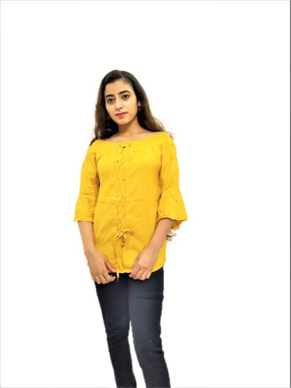 Women's Yellow Solid Stretchable Wide Round Neck Regular Wear Top