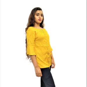 Alternative view of Women's Yellow Solid Stretchable Wide Round Neck Regular Wear Top