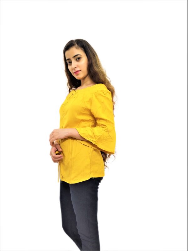 Women's Yellow Solid Stretchable Wide Round Neck Regular Wear Top - Image 3