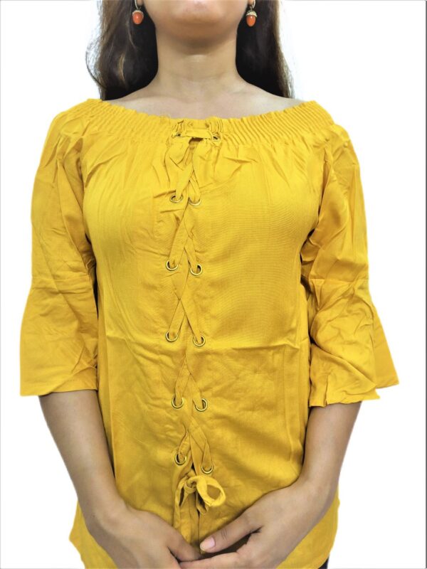 Women's Yellow Solid Stretchable Wide Round Neck Regular Wear Top - Image 5