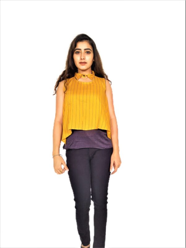 Yellow (Mustard) Ruffle Design Sleeveless Top with Collar-Neck and Inner T-Shirt