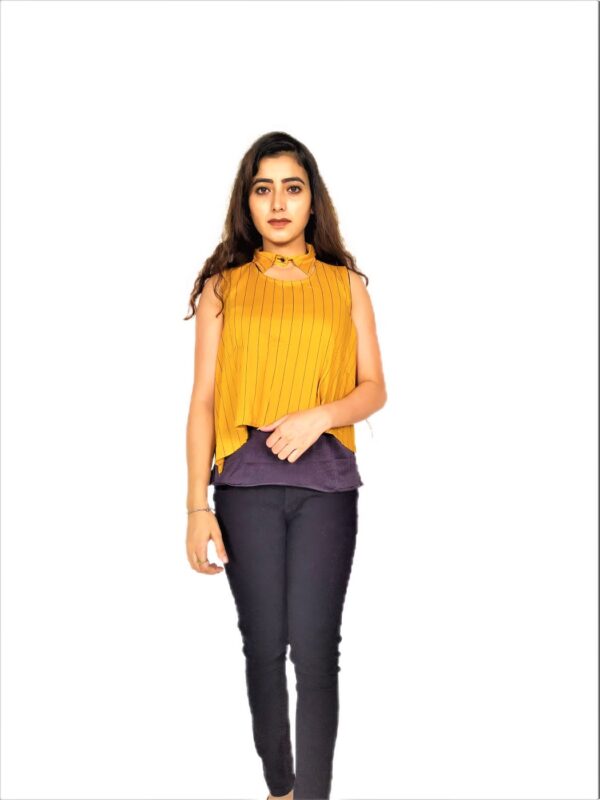 Yellow (Mustard) Ruffle Design Sleeveless Top with Collar-Neck and Inner T-Shirt - Image 2