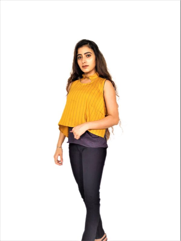 Yellow (Mustard) Ruffle Design Sleeveless Top with Collar-Neck and Inner T-Shirt - Image 3