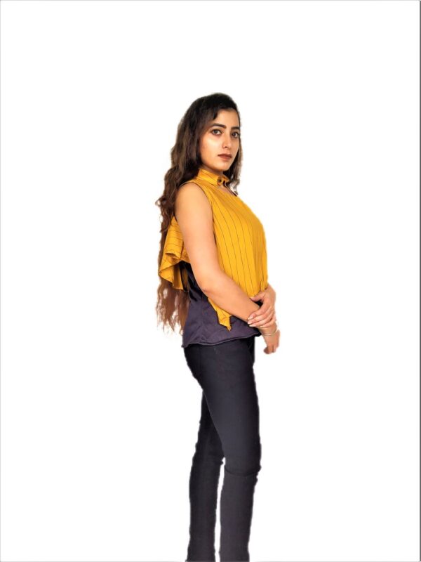 Yellow (Mustard) Ruffle Design Sleeveless Top with Collar-Neck and Inner T-Shirt - Image 4