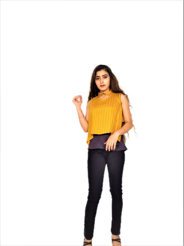Yellow (Mustard) Ruffle Design Sleeveless Top with Collar-Neck and Inner T-Shirt - Image 5