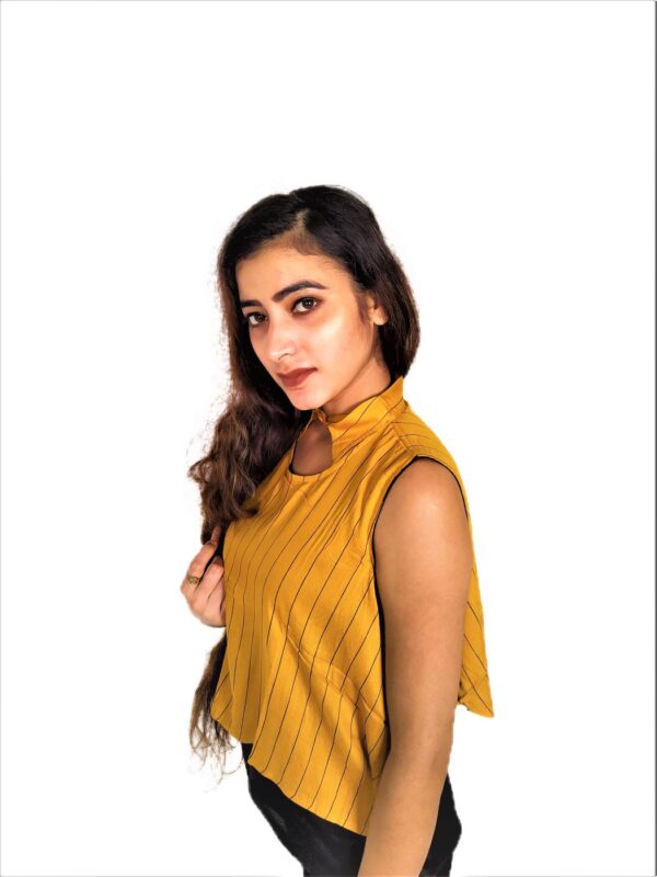 Yellow (Mustard) Ruffle Design Sleeveless Top with Collar-Neck and Inner T-Shirt - Image 9