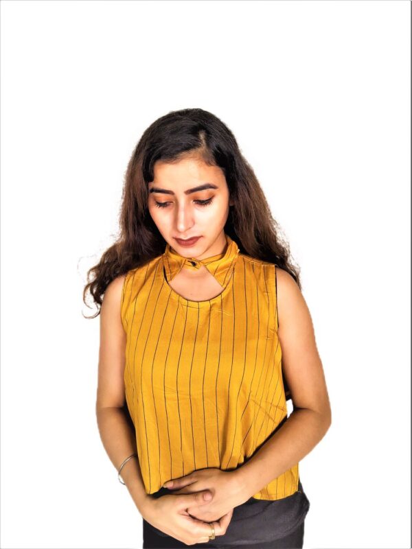 Yellow (Mustard) Ruffle Design Sleeveless Top with Collar-Neck and Inner T-Shirt - Image 10