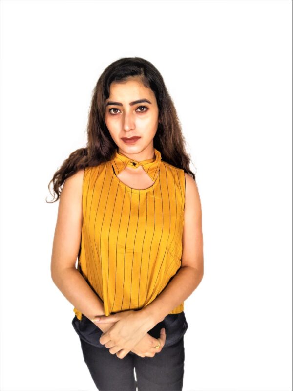 Yellow (Mustard) Ruffle Design Sleeveless Top with Collar-Neck and Inner T-Shirt - Image 12
