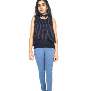 Black Ruffle Design Sleeveless Top with Collar-Neck and Inner T-Shirt