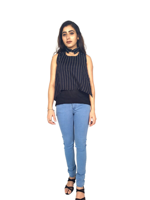 Black Ruffle Design Sleeveless Top with Collar-Neck and Inner T-Shirt