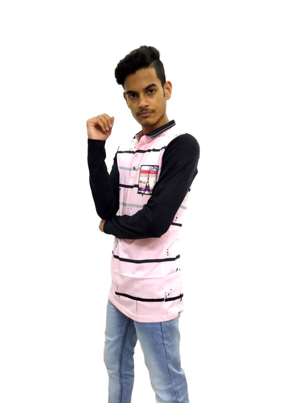 Men’s Pink And Black Printed Full Sleeve Mandarin Collared T-Shirt - Image 2