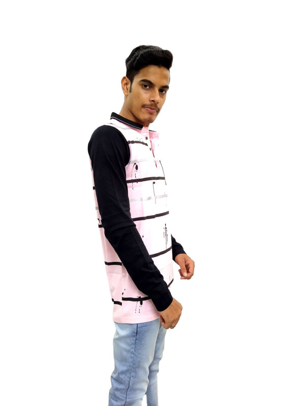 Men’s Pink And Black Printed Full Sleeve Mandarin Collared T-Shirt - Image 3