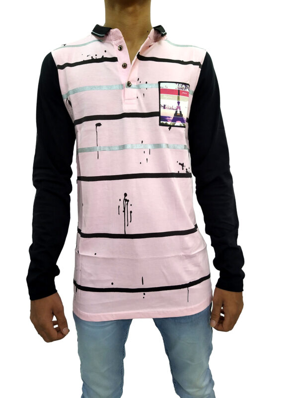 Men’s Pink And Black Printed Full Sleeve Mandarin Collared T-Shirt - Image 5