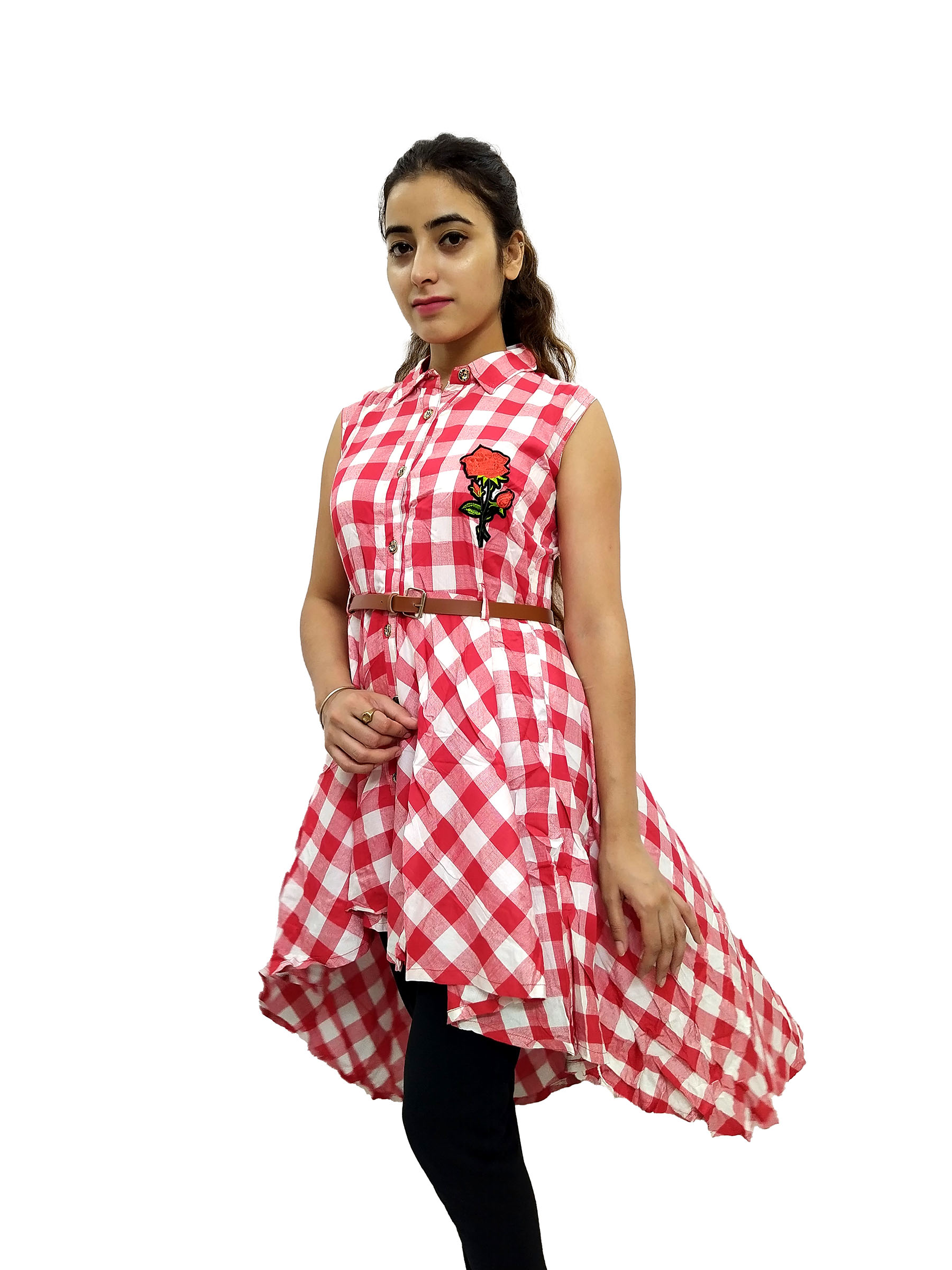 Women’s Red and White Check Midi Dress - Image 2