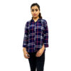 Women’s Blue Check Button Front 3/4 Sleeve Hooded Sweatshirt