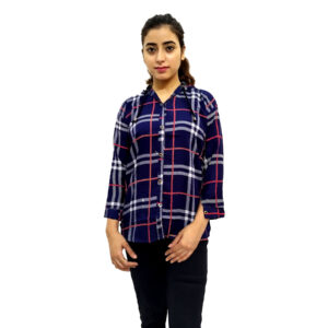 Women’s Blue Check Button Front 3/4 Sleeve Hooded Sweatshirt