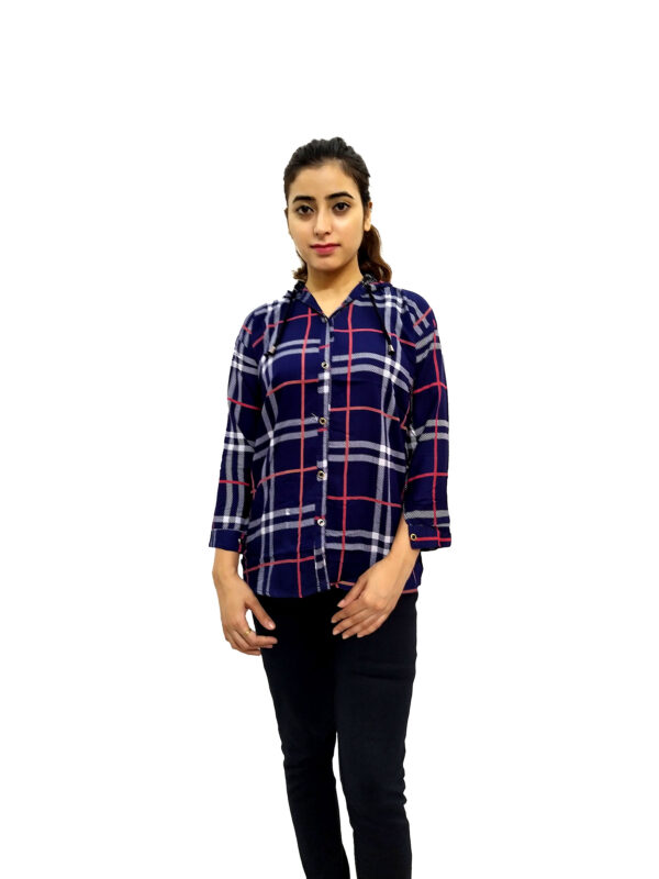 Women’s Blue Check Button Front 3/4 Sleeve Hooded Sweatshirt