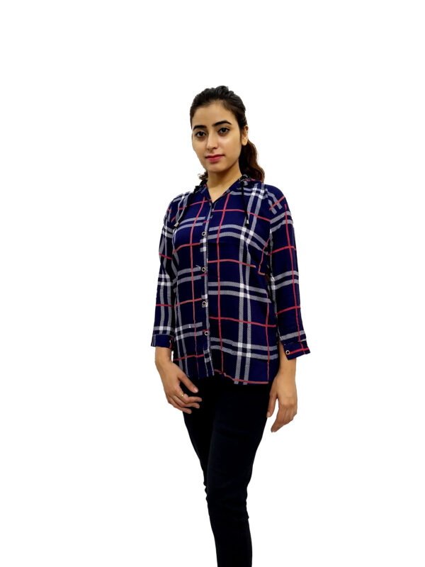Women’s Blue Check Button Front 3/4 Sleeve Hooded Sweatshirt - Image 2