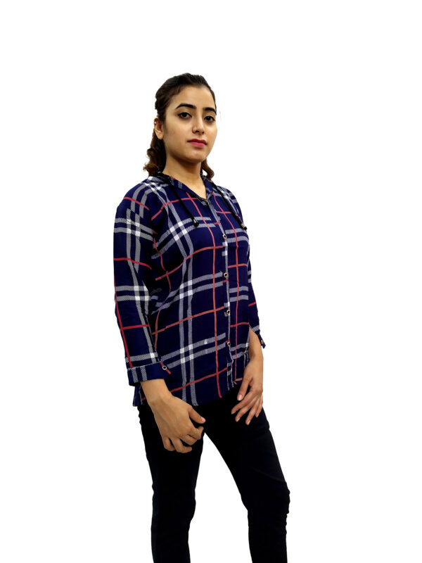 Women’s Blue Check Button Front 3/4 Sleeve Hooded Sweatshirt - Image 3