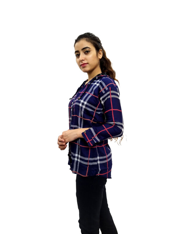 Women’s Blue Check Button Front 3/4 Sleeve Hooded Sweatshirt - Image 4