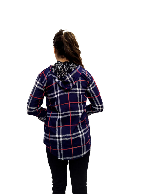 Women’s Blue Check Button Front 3/4 Sleeve Hooded Sweatshirt - Image 5