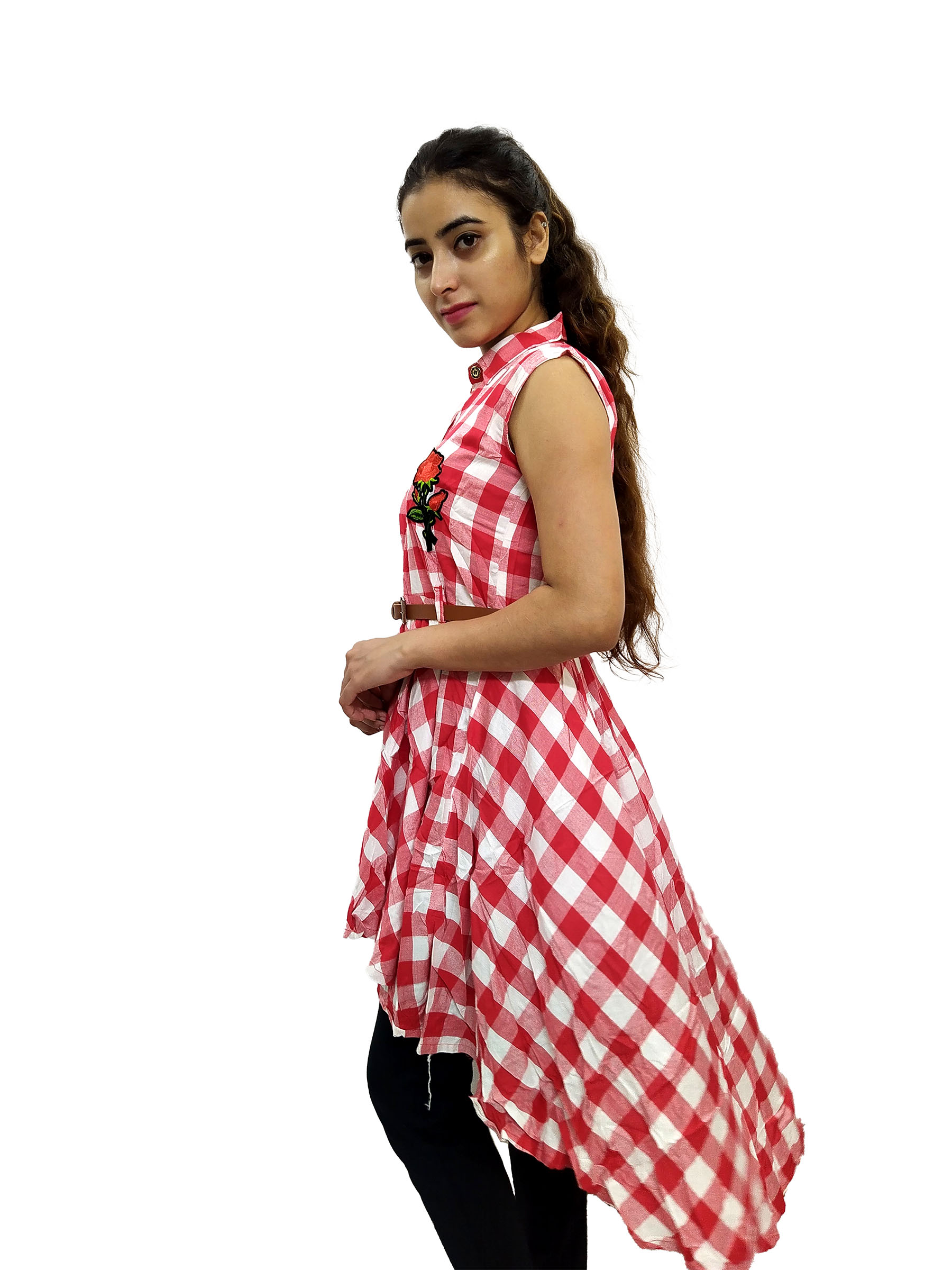 Women’s Red and White Check Midi Dress - Image 4