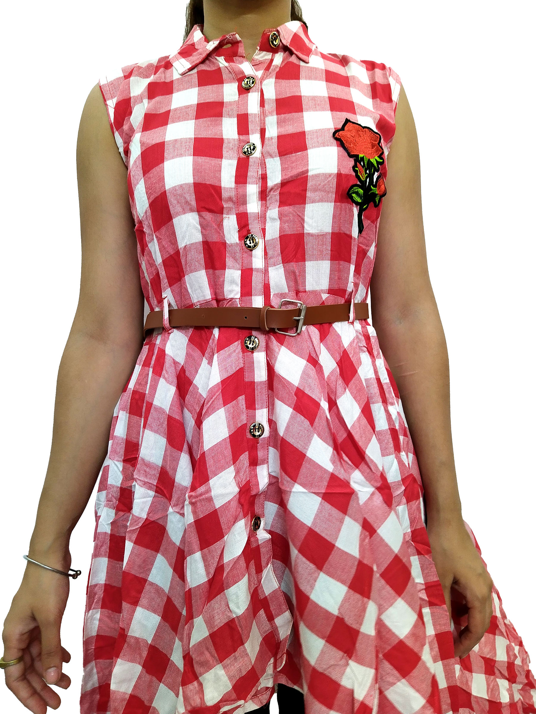 Women’s Red and White Check Midi Dress - Image 6