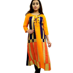 Women’s Multicolor Wide Stripe Orange Base Designer Rayon Kurti - Image 3