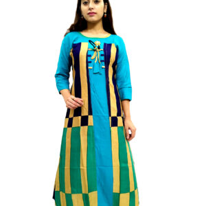 Women’s Multicolor Wide Stripe Firozi Base Designer Rayon Kurti