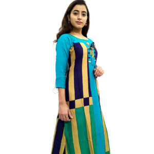 Women’s Multicolor Wide Stripe Firozi Base Designer Rayon Kurti - Image 3