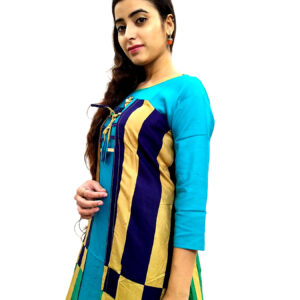 Women’s Multicolor Wide Stripe Firozi Base Designer Rayon Kurti - Image 7