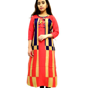 Women's Multicolor Wide Stripe Red Base Designer Rayon Kurti