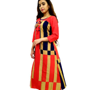 Alternative view of Women's Multicolor Wide Stripe Red Base Designer Rayon Kurti