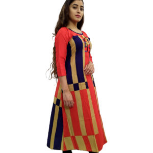 Women's Multicolor Wide Stripe Red Base Designer Rayon Kurti - Image 3