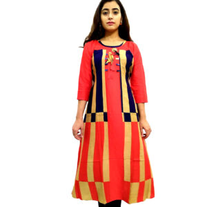 Women's Multicolor Wide Stripe Red Base Designer Rayon Kurti - Image 4