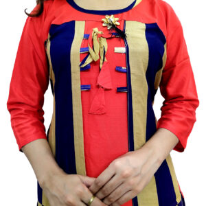 Women's Multicolor Wide Stripe Red Base Designer Rayon Kurti - Image 7