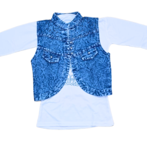 Blue Denim Embroidered Waistcoat Set for Girls – Casual 2-Piece Kids Outfit with Top