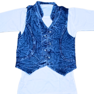 Blue Denim Embroidered Waistcoat Set with Top for Girls – 2-Piece Casual Outfit