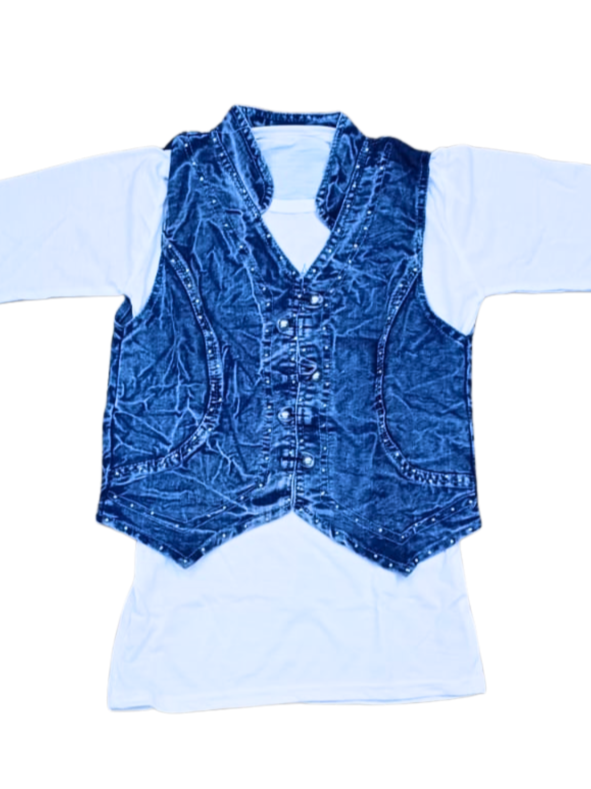 Blue Denim Embroidered Waistcoat Set with Top for Girls – 2-Piece Casual Outfit