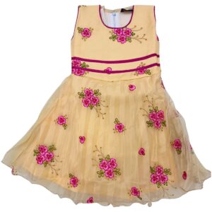 Golden Net Party Frock with Pink Floral Embroidery for Baby Girls | Soft 3-Layer Net Dress for Birthday & Wedding | Comfortable Kids Wear