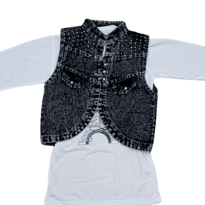 Black Denim Embroidered Waistcoat Set for Girls – Casual 2-Piece Kids Outfit with Top