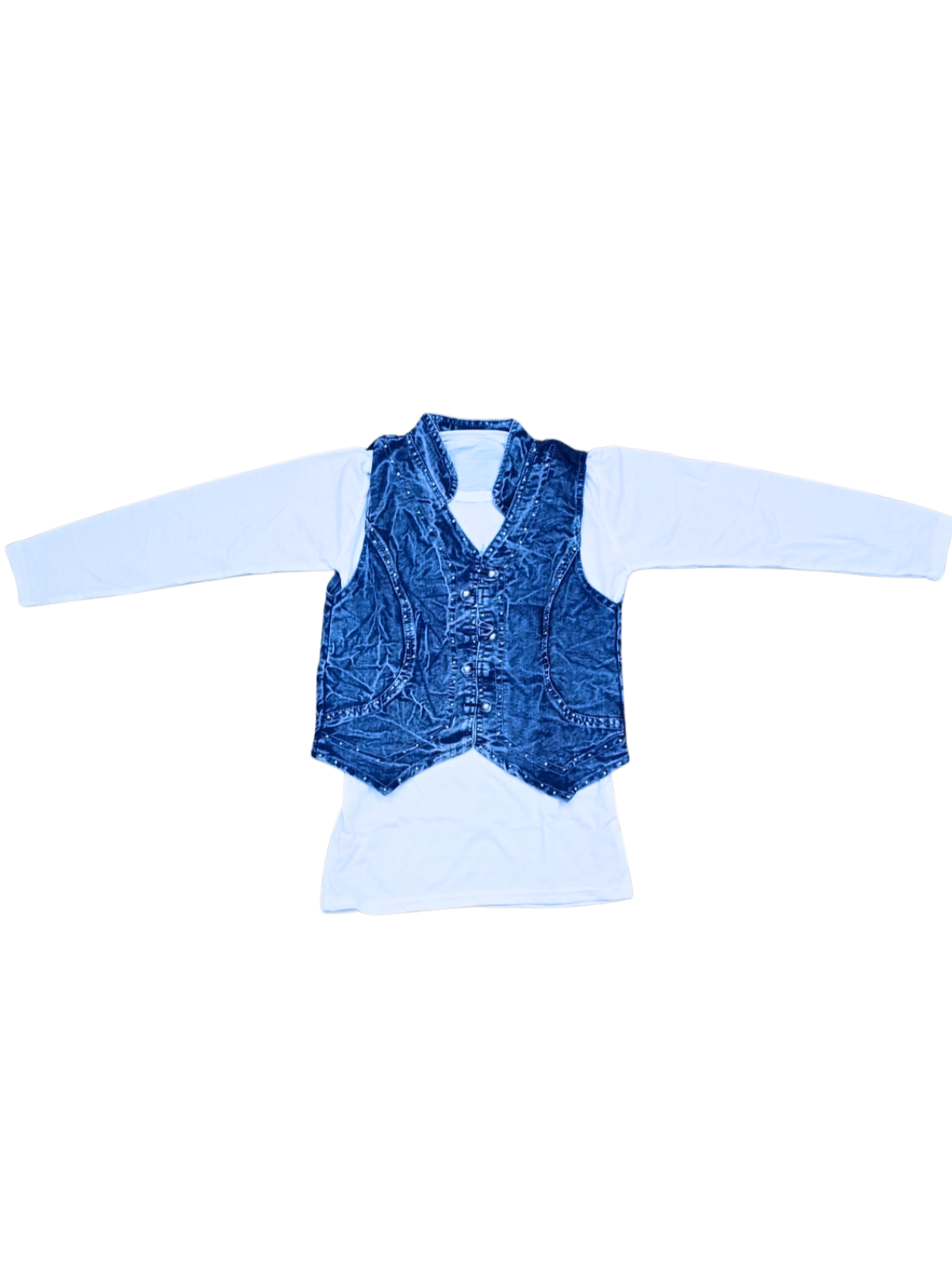 Blue Denim Embroidered Waistcoat Set with Top for Girls – 2-Piece Casual Outfit - Image 2