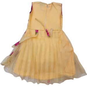 Golden Net Party Frock with Pink Floral Embroidery for Baby Girls | Soft 3-Layer Net Dress for Birthday & Wedding | Comfortable Kids Wear - Image 2