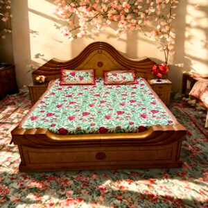 Elegant Cream Floral Bedsheet with Red & Green Botanical Print and Golden Mughal Art Border, King Size 90x108 Inches, Includes 2 Matching Pillow Covers, 100% Cotton