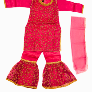 Girls Special Occasion Wear Pink Sharara Suit Set | Embroidered Top with Bell Bottom Pants | Party Dress for Kids | Age 8–9 Years