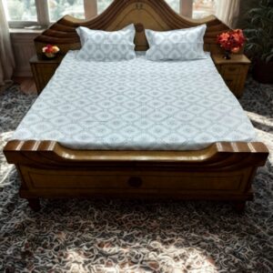 Beautiful Black Trapezoidal Art & Central Floral Printed Double Bed Sheet with 2 Pillow Covers | Premium Cotton | White Background | Flat Bedsheet | Size 108 x 108 Inches (274 x 274 cm)