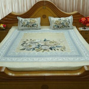 Floral Double Bedsheet with 2 Pillow Covers – Off-White & Light Blue Peony Design, 108 x 108 Inches, Premium Cotton Fine Fiber