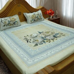 Alternative view of Floral Double Bedsheet with 2 Pillow Covers – Off-White & Light Blue Peony Design, 108 x 108 Inches, Premium Cotton Fine Fiber