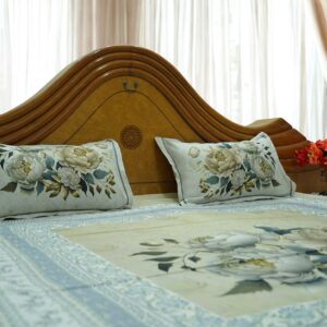 Floral Double Bedsheet with 2 Pillow Covers – Off-White & Light Blue Peony Design, 108 x 108 Inches, Premium Cotton Fine Fiber - Image 3