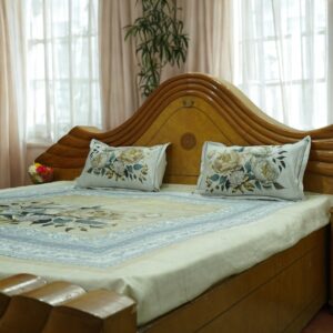 Floral Double Bedsheet with 2 Pillow Covers – Off-White & Light Blue Peony Design, 108 x 108 Inches, Premium Cotton Fine Fiber - Image 4